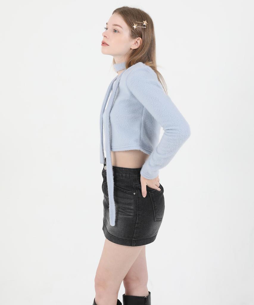 CATTLINE Square Neck Fur Knit T-Shirt & Scarf Set (Sky Blue)