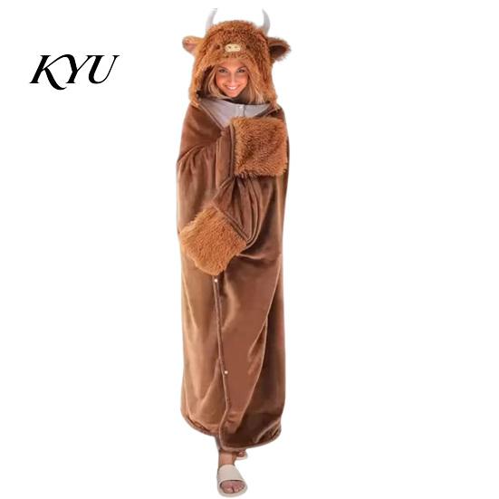 Loose Fit One Piece Pajamas Animal Wearable Blanket Hoodie for Women, Oversized Flannel Sweatshirt Women Warm Blanket, Button-Up Cosplay Cape