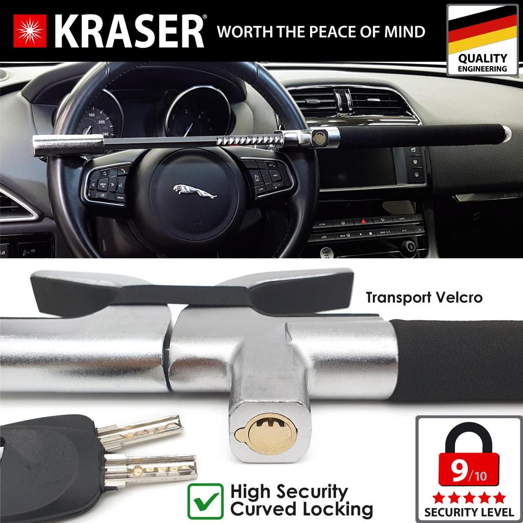 KRASER WA839B Steering Wheel High Universal and 3 Emergency Car Steering Wheel Lock Lock, Security, Adjustable, Keys, Built-in Hammer,