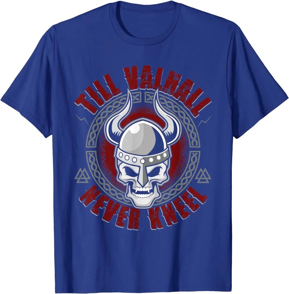 Till Valhall Never Kneel  Nordic Warrior Skull TShirt 100 Cotton ONeck Summer Short Sleeve Casual Mens Tshirt Size S3XL
