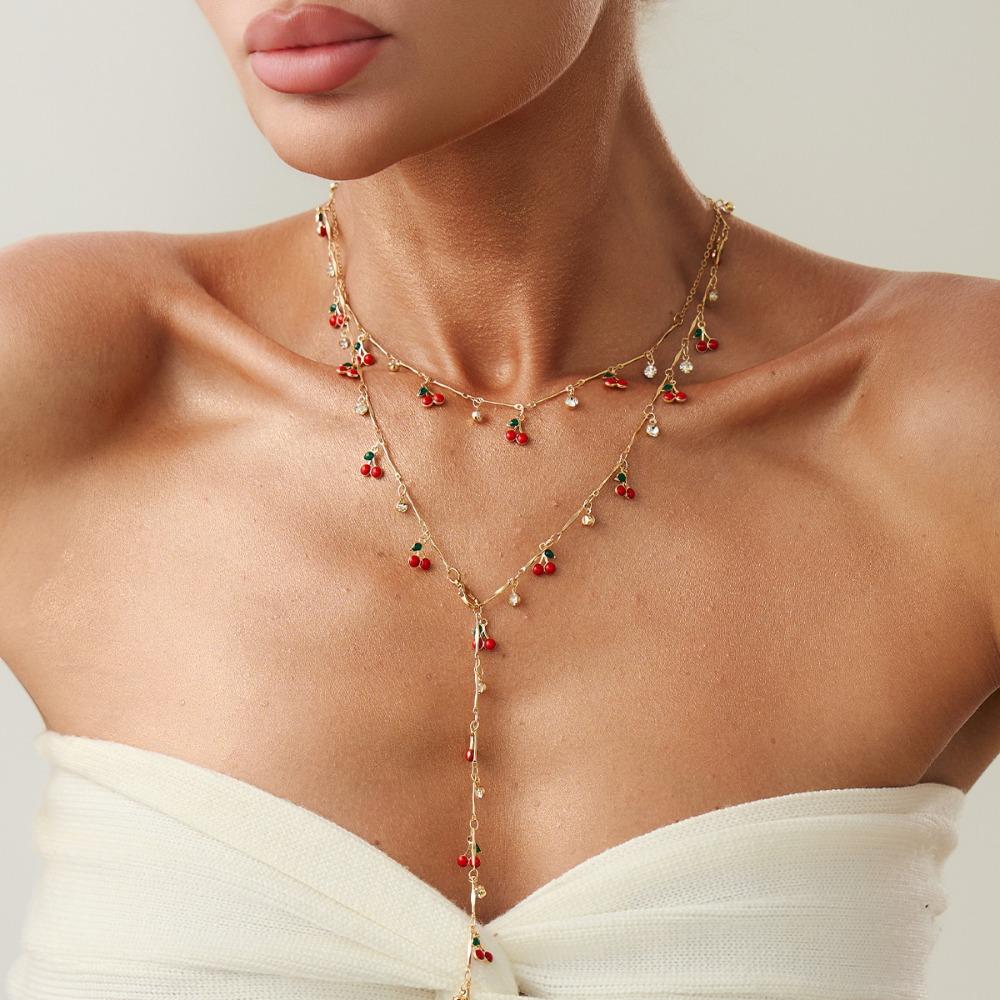 Silver Y-shaped Cherry Necklace Gold Women Long Necklace Retro Crystal Necklace Party Jewelry
