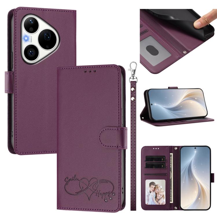 Happy Heart Pattern Magnetic Closure Vegan Leather Phone Case with Wrist Strap For Huawei Mate 60