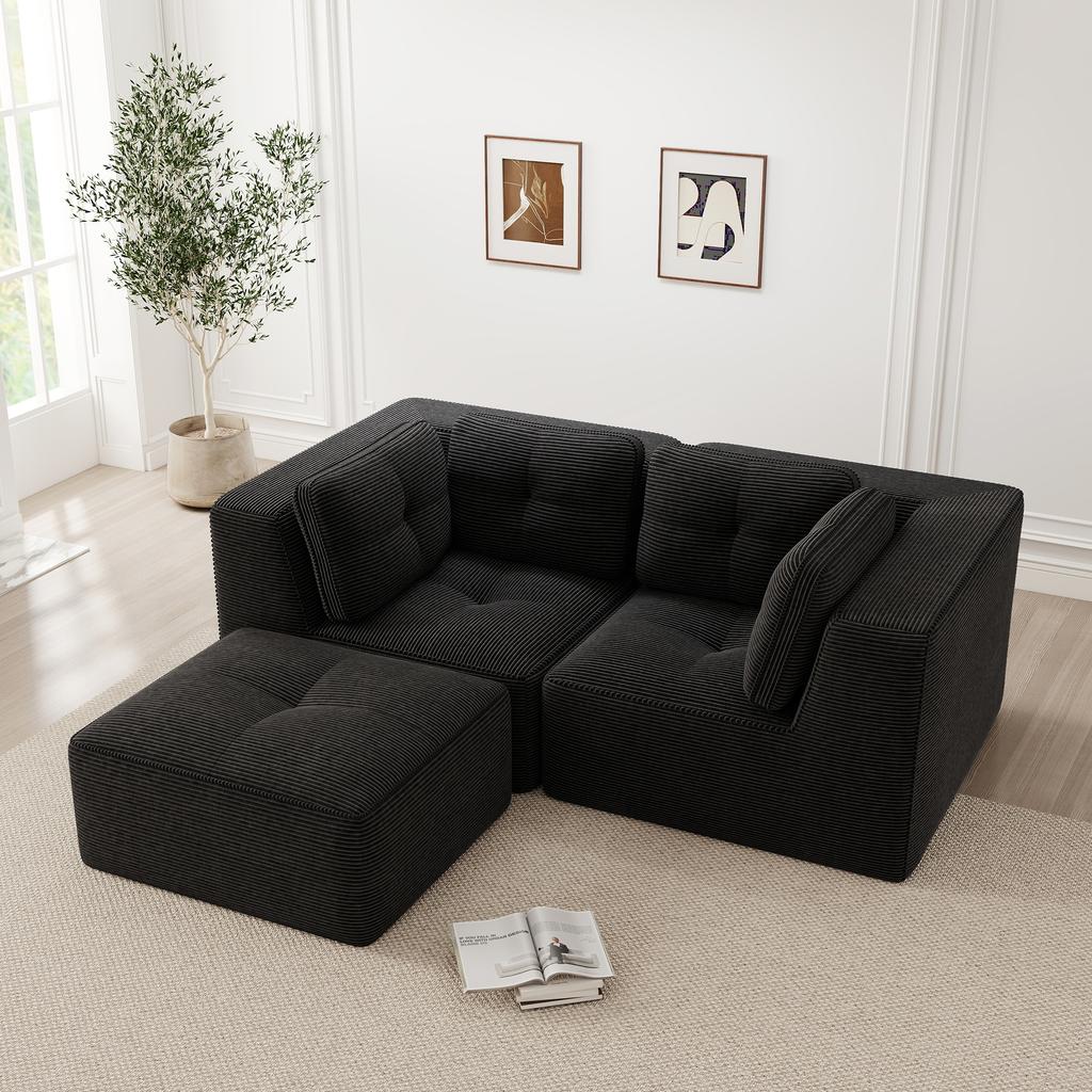 Modular corner sofa, two-seater, frameless L-shaped with movable footrest, corduroy fabric, suitable for living room and bedroom, black