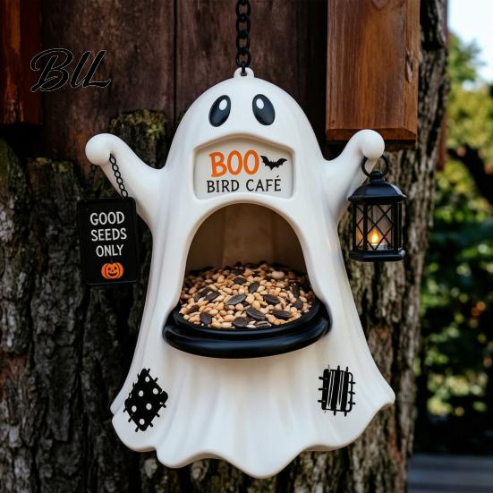 Funny Ghost Decoration Halloween Bird Feeder, Outdoor Hanging Big Mouth Wild Feeding Durable Resin Feeder Station, Spooky Statue for Outside