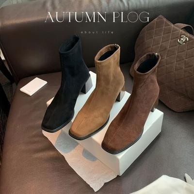 Виноградная мать тот же корейский классический темперамент квадратный носок задняя молния ботильоны на щиколотке толстый каблук короткие ботинки женские высокий каблук тонкие ботинки