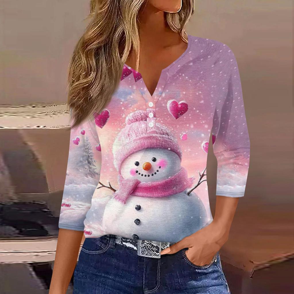 Women's Fashionable Casual Christmas Printed V-neck Three-quarter Sleeve Decorated Button Top