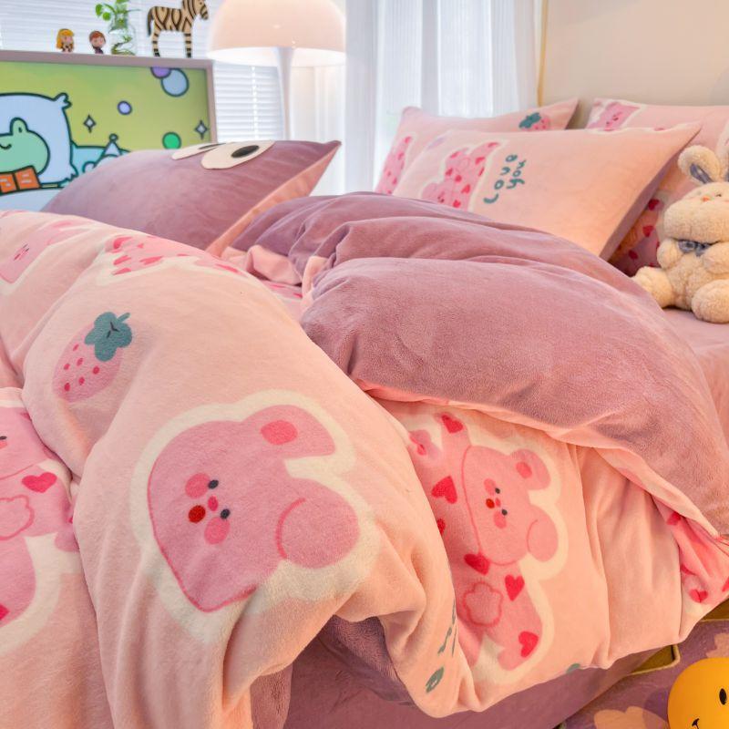 Winter Milk Flannel 4-piece Set Flange Plus Flannel Comforter Set Sheets Hats Bed 3-piece Set