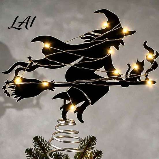 Glowing LED Tree Ornament Halloween Witch Topper with Lights Black Iron Window Hanging Ornaments Art Silhouette Ornament for Christmas And Holiday