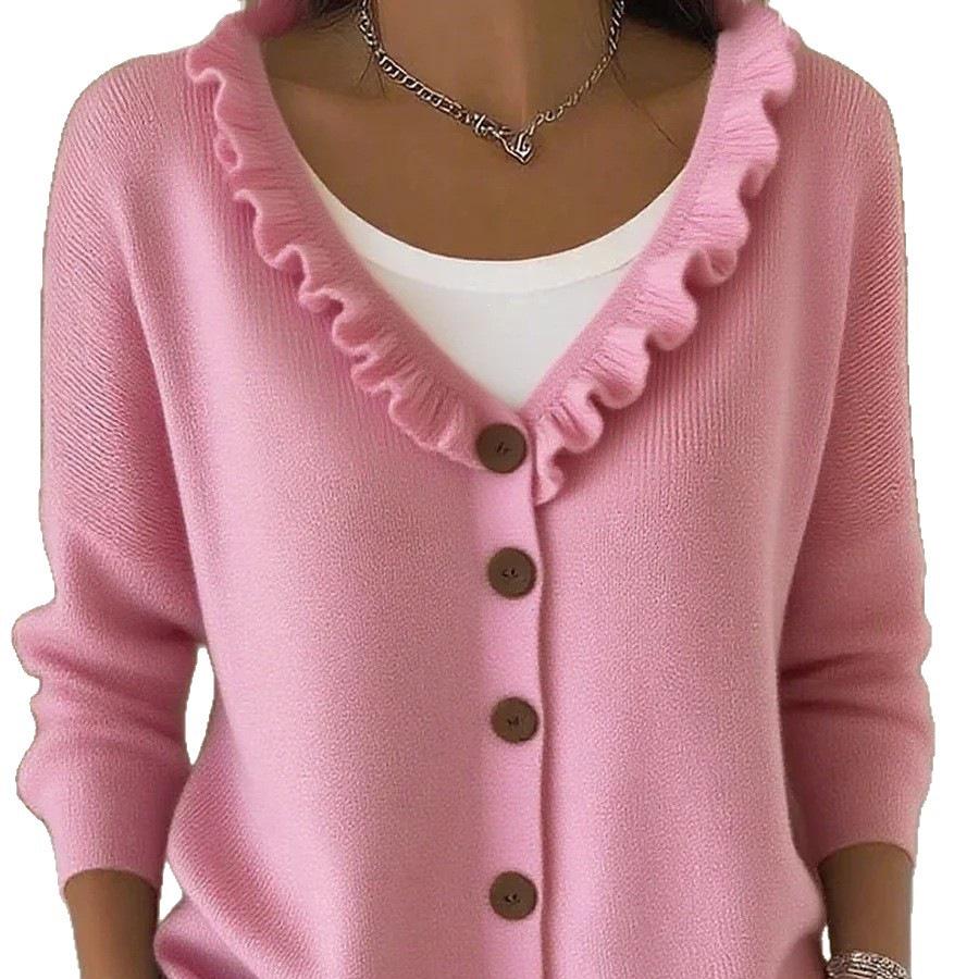 European V-Neck Ruffle Trim Knit Cardigan - Solid Color Casual Autumn/Winter Sweater for Women