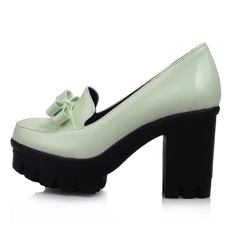Large Size 34-43 Size Waterproof Platform Thick Heel Super High Heel Single Shoes Bow Tie Patent Leather Large Size Bow Tie Women's Shoes