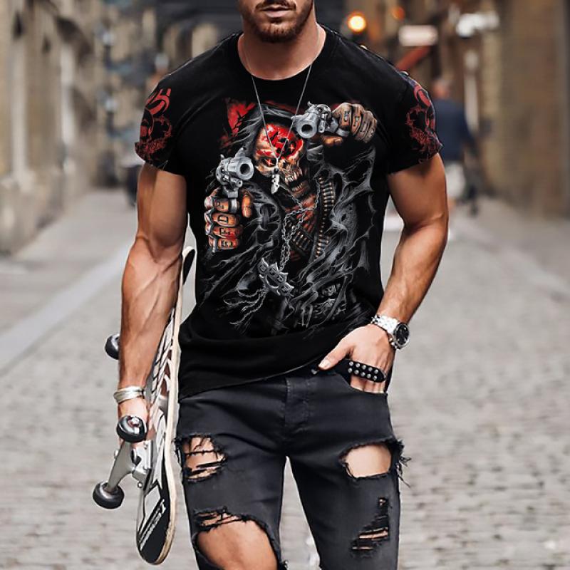 Мужская футболка со страшным черепом, футболка с 3D принтом черепа, мужская футболка большого размера с короткими рукавами, панк-топ, мужской костюм смерти