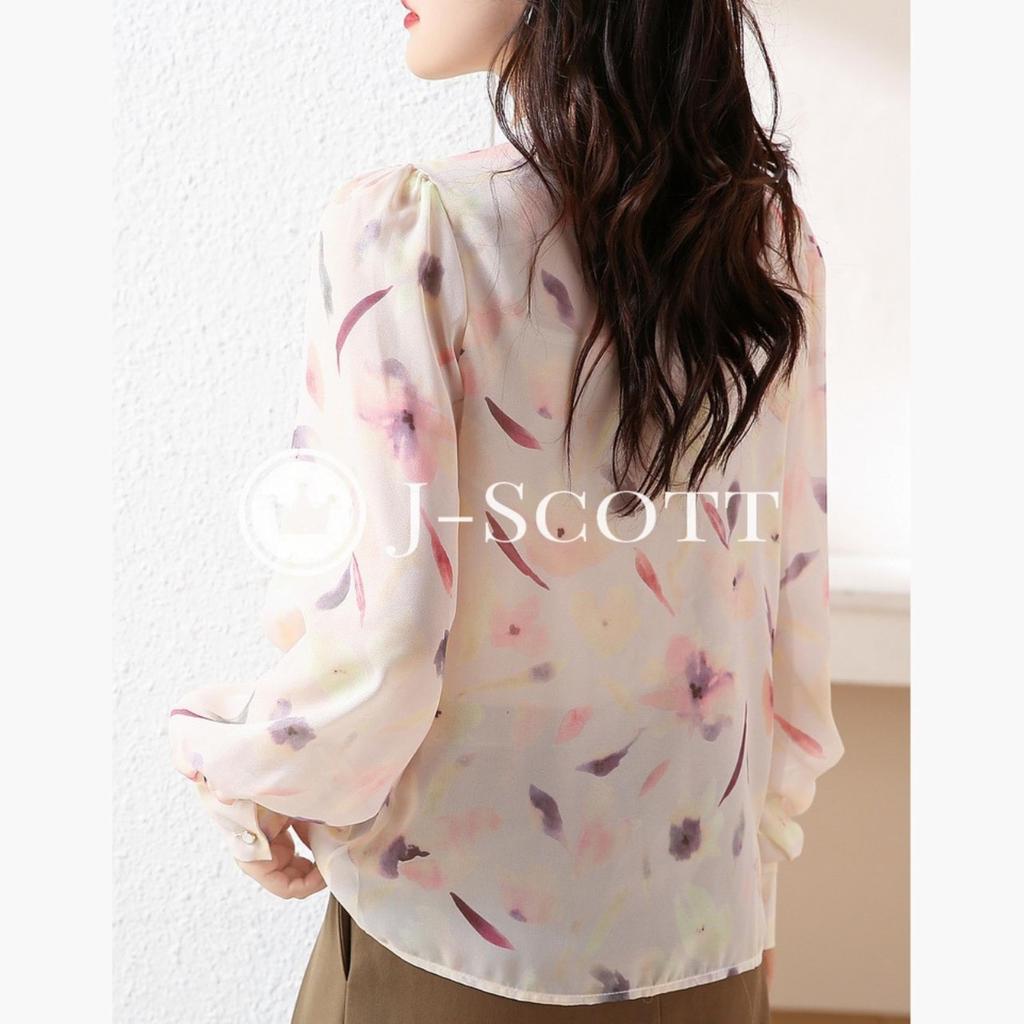 Блузка J-Scott с акварельным цветочным принтом и галстуком-бабочкой, шифон, рукава-фонарики, стильные пуговицы, длинные рукава, женская, белая, JS77-WH-L (Ограниченный запас)