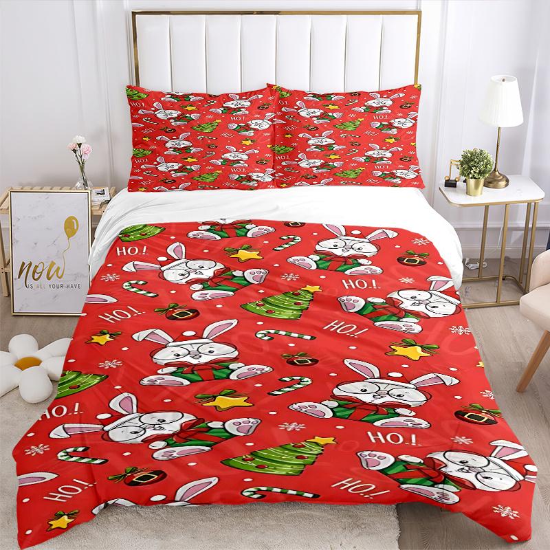 3pcs Christmas Bunny Pillowcase Set with Red Background, Includes One Quilt Cover and Two Pillowcases (No Core), Festive Gift for Bedroom