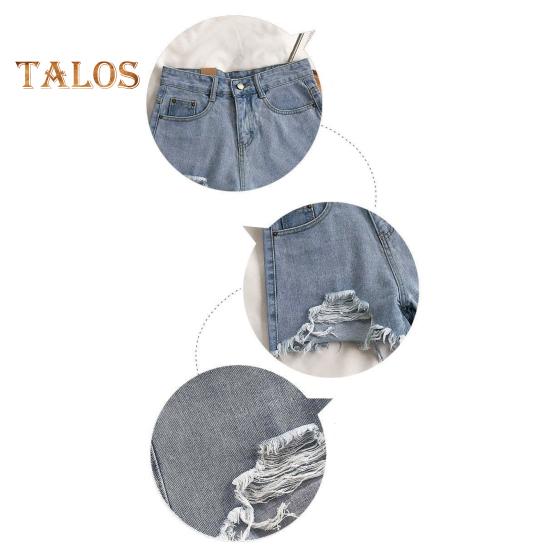 Summer Women Denim Shorts High Waist A-line Solid Color Ripped Button Zipper Closure Retro Pockets Slim Fit Above Knee Length Short Pants
