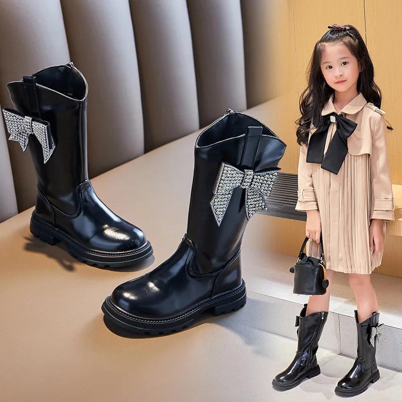 2024 Children High Boots for Girls Autumn Winter New Fashion Rhinestone Princess Bowtile Anti-slippery Casual Versatile Shoes