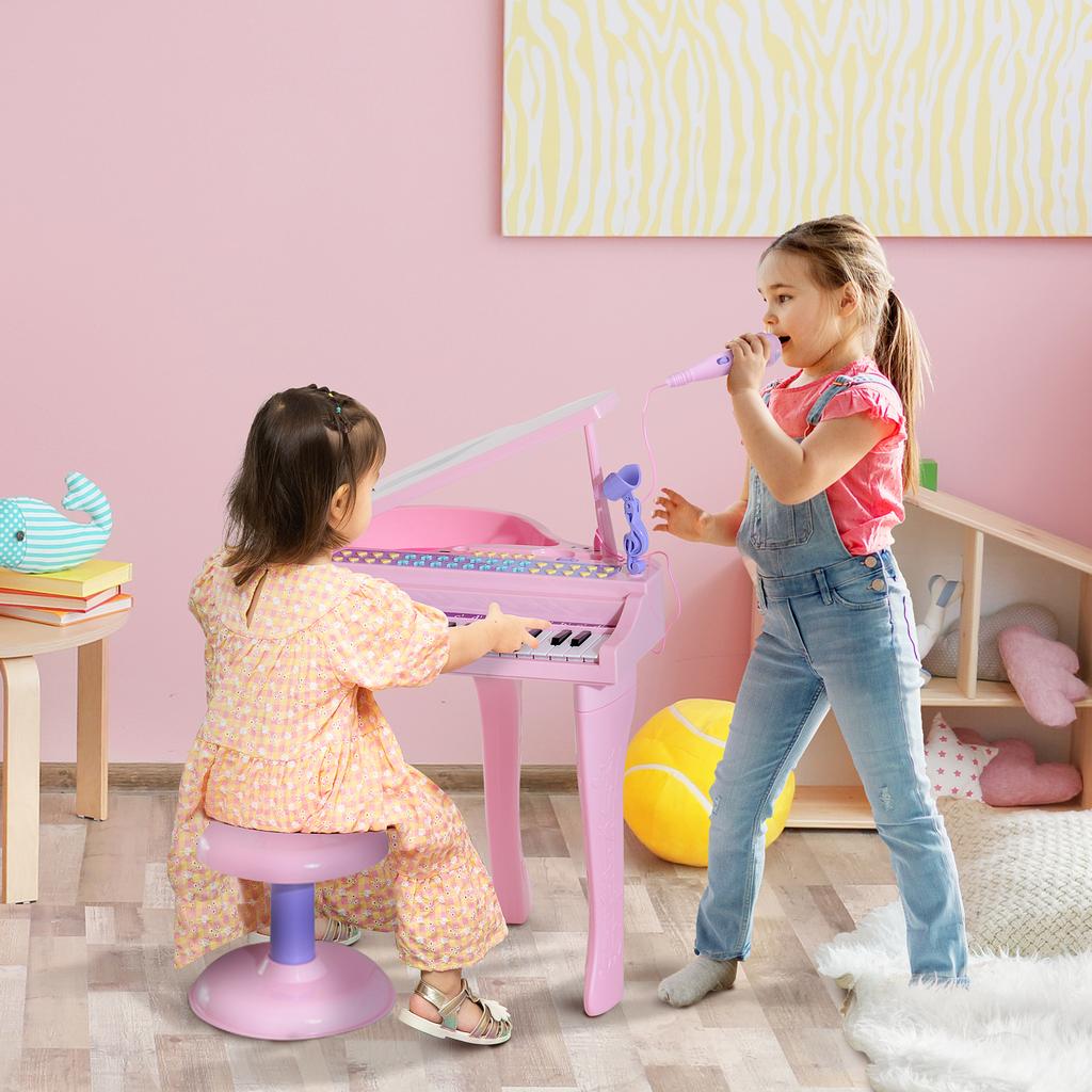 Kids Keyboard with 37 Keys, Stool Piano with Microphone, LED Learning Mode, Recording, Piano Musical Instrument for 3-6 Year Old Children Pink