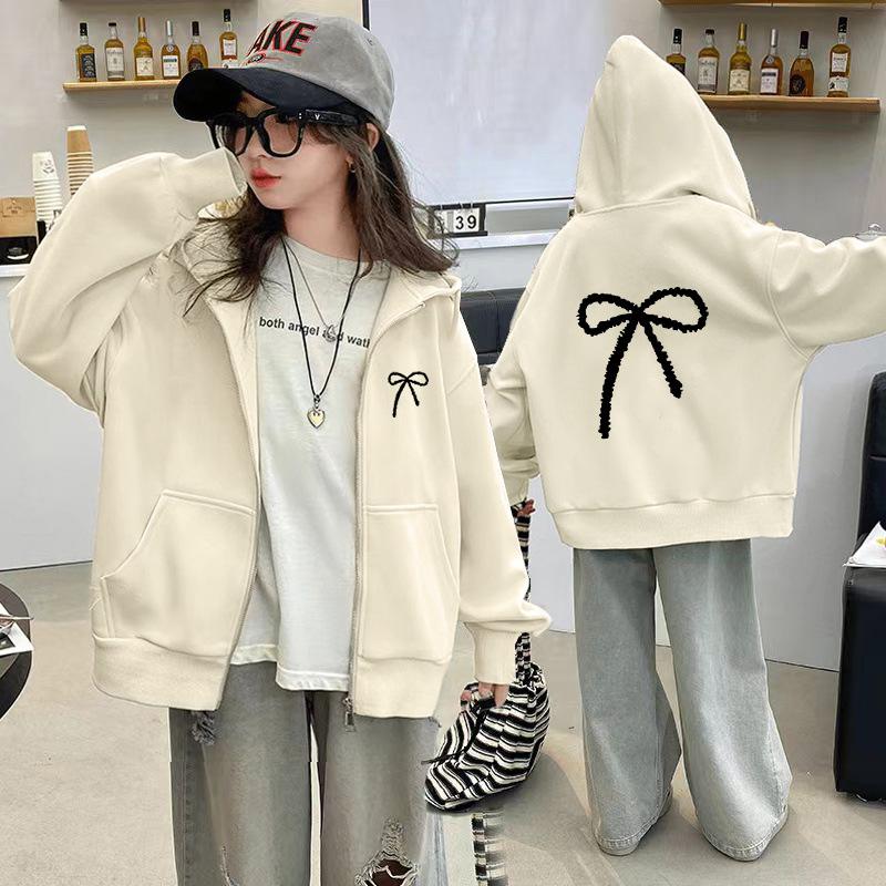 Повседневные куртки для девочек, весенние толстовки, пальто, осенние детские куртки с бантом, тонкая молния, верхняя одежда, спортивная одежда для подростков