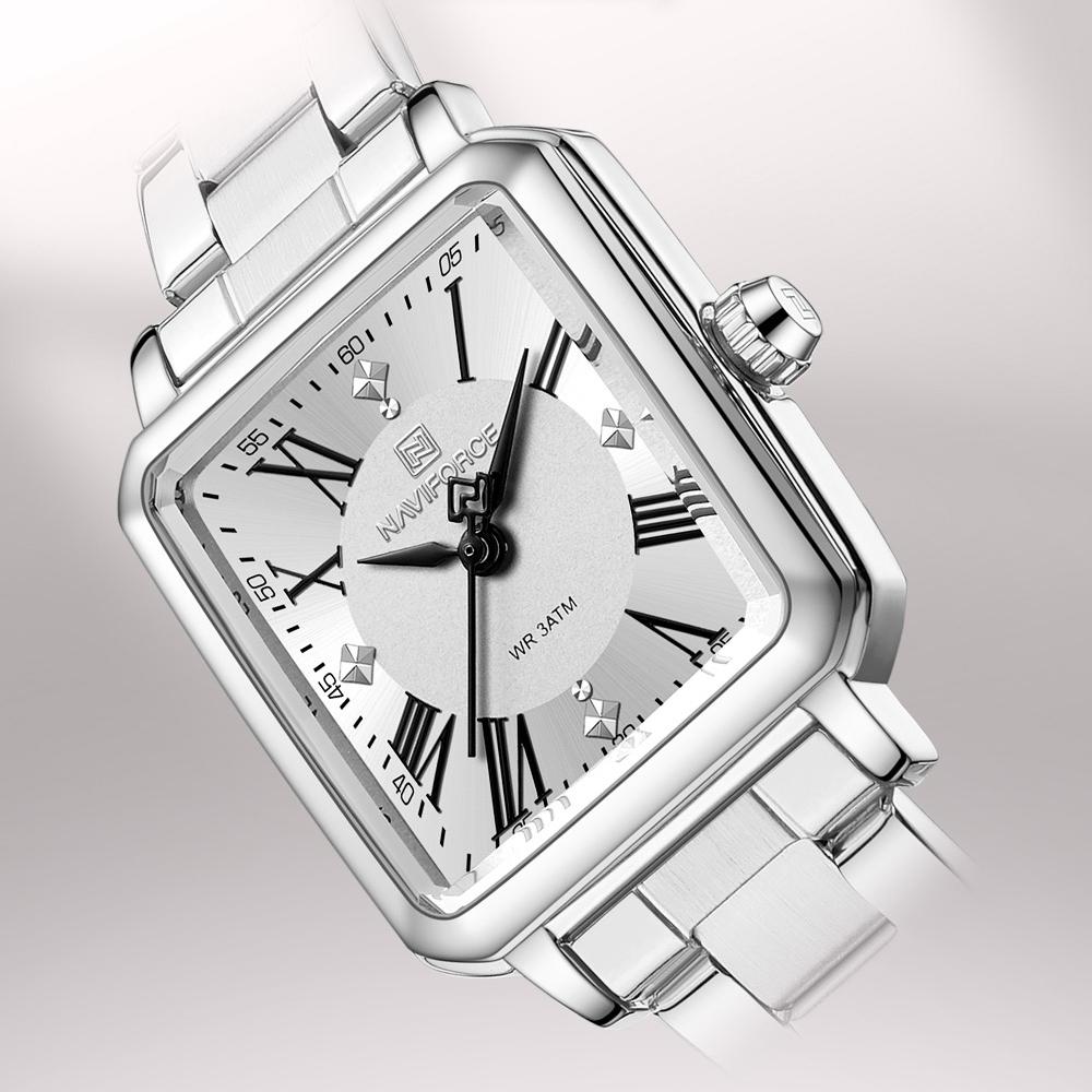NAVAFORCE Женские кварцевые часы Церемония Вечеринка Ремешок из нержавеющей стали Водонепроницаемые Квадратный римский циферблат Женские повседневные модные аксессуары Часы NF5065