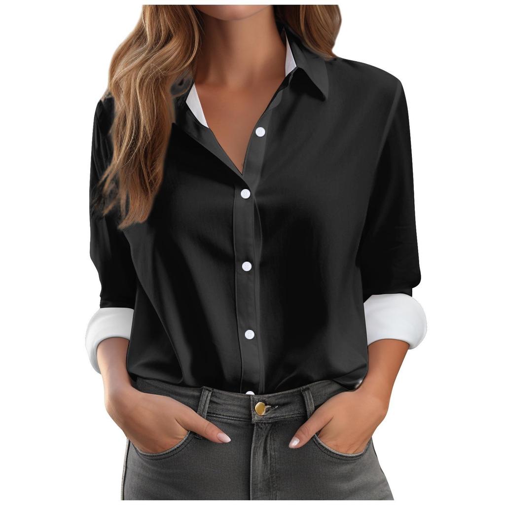 Women's Loose Fashion Shirts Solid Color Band Collar Long Sleeve Shirts Slim Tops