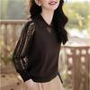 Spring and Autumn Lace Knitted Sweater Long Sleeve Top Women's Small Lapel Bottom