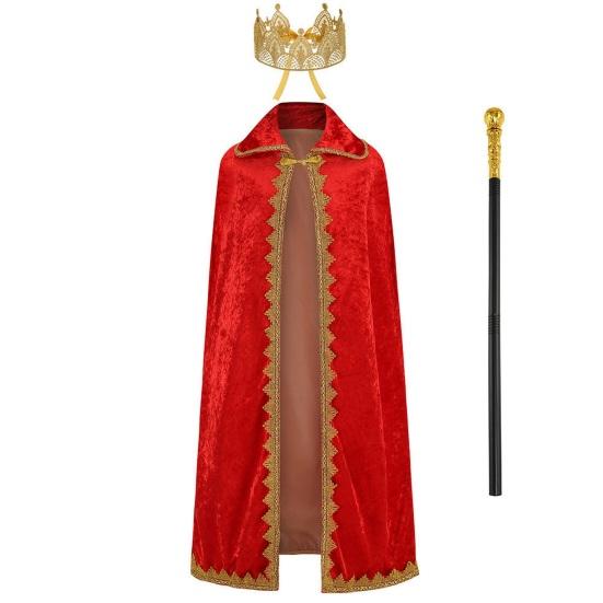 Christmas Velvet Cape Set Red Cloak Scepter Crown Rose Costume Accessory Kids Prince Dress Up Outfit for Cosplay Party