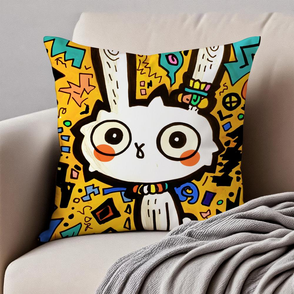 Hiphop graffitistyle rabbit painting Cushion Cover Pillowcase Antidustmite Invisible Zipper Short Plush Sofa Cushion