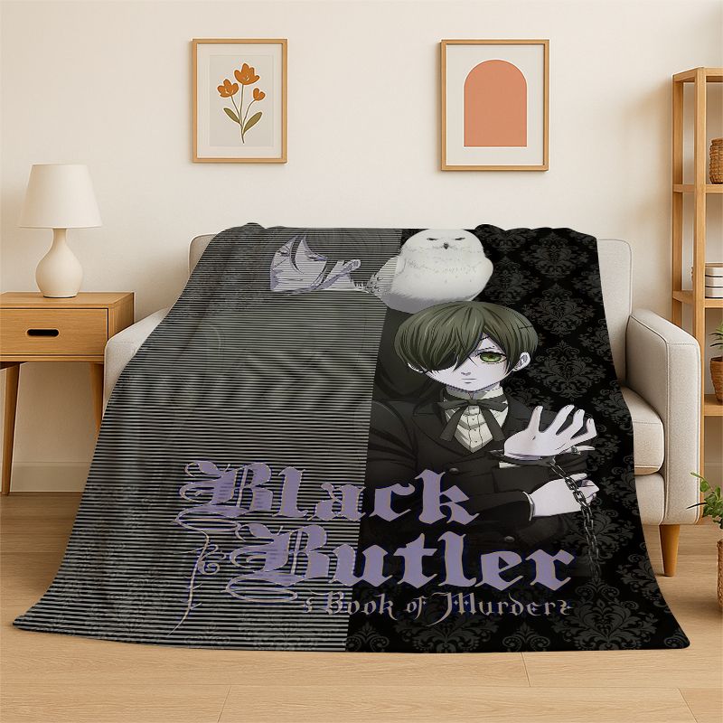 Black Butler Cartoon Anime Flannel Blanket Soft Warm Throw Blanket for Bedroom Living Room Bed Travel Camping Picnic Gift
