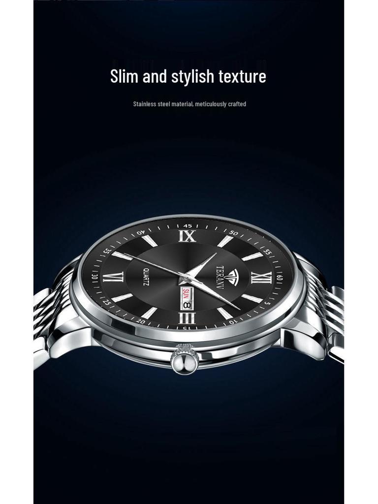 Butterfly Clasp Men's Ultra-Thin Luminous Stainless Steel Dual Calendar Waterproof Quartz Watch