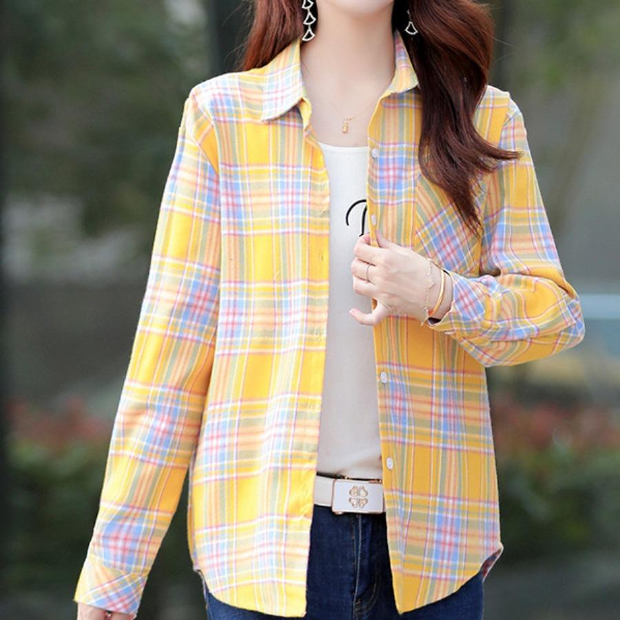 Клетчатая рубашка, простые топы, весна-осень, рубашки с длинными рукавами с лацканами, женская хлопковая блузка с начесом, азиатский размер
