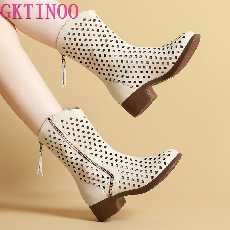 Fashion GKTINOO Women's Boots 2025 Summer Genuine Leather Woman Mid-Calf Boots Fashion Hollow Out Ladies Shoes Women Summer Boot Shoes