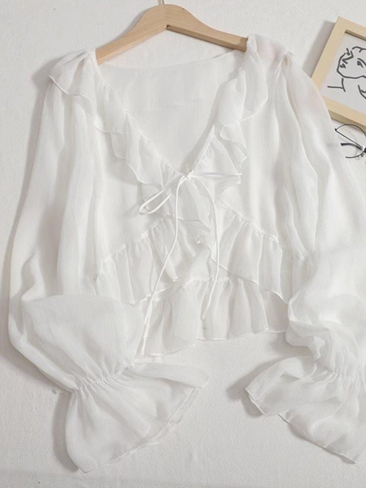 Ruffle Chiffon Sun Protection Cardigan: Lightweight Women's Summer Shawl, Perfect Over Camisole or Dress, Ice Silk Bolero Cover-up.