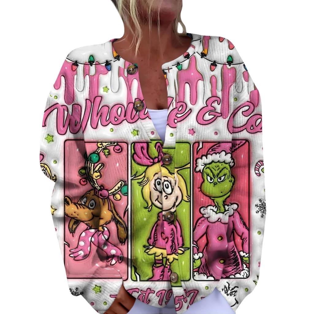 Women's Fashion Christmas Printed Long Sleeve Knitted Cardigan Button Down Jacket