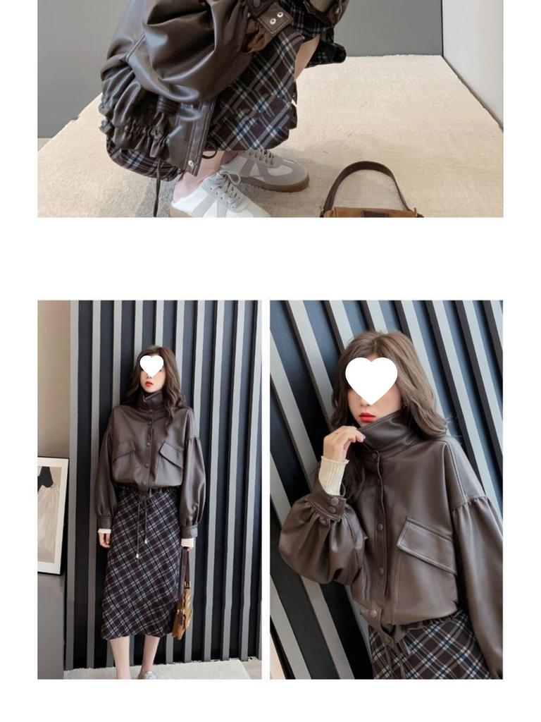 Женская модная свободная кожаная мотоциклетная куртка с рубашечным воротником и кулиской - Корейский стиль