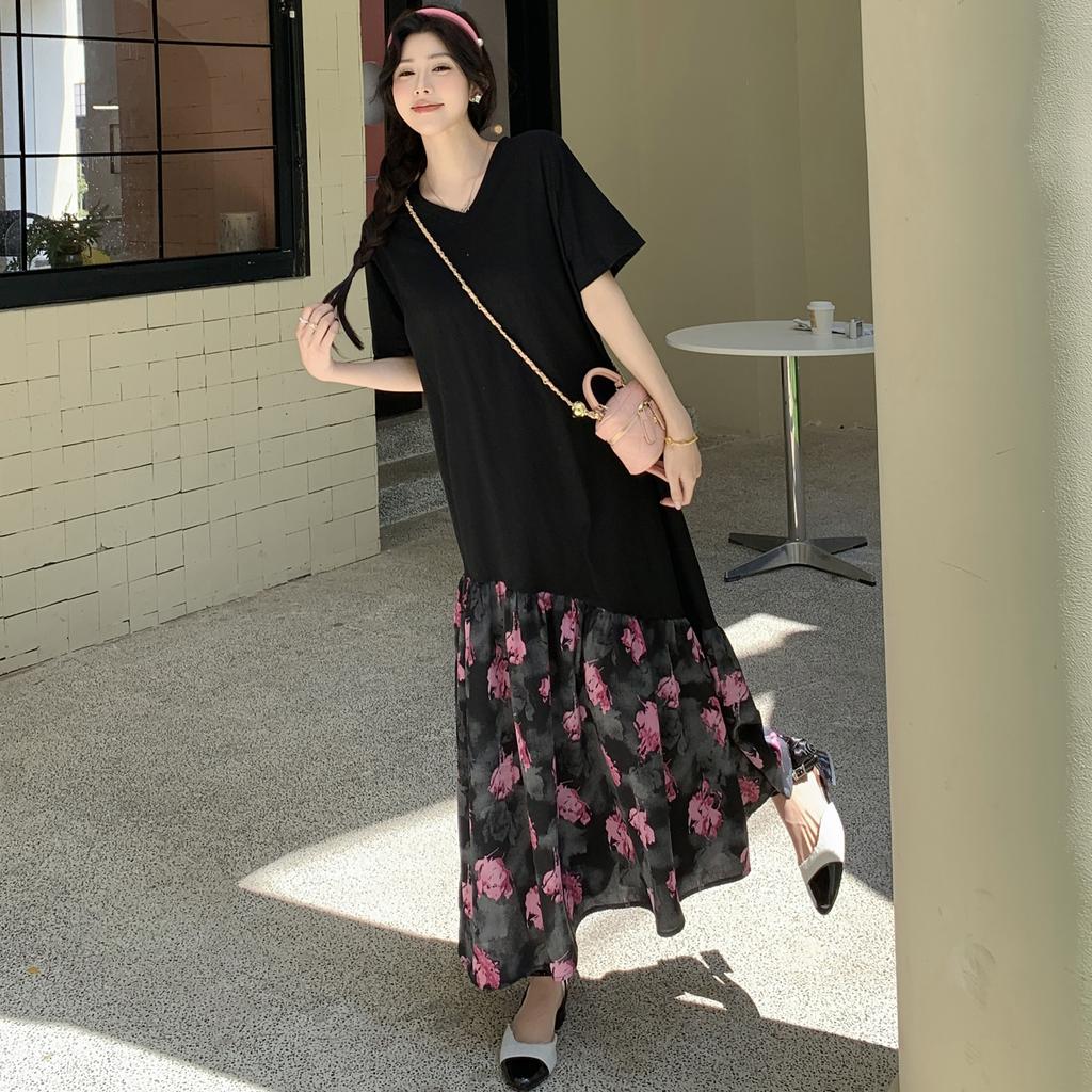 Dimanaf 2025 Женское Летнее Длинное Платье Винтажная Рубашка С Коротким Рукавом Цветочное Платье Базовое Повседневное Свободное Платье Больших Размеров