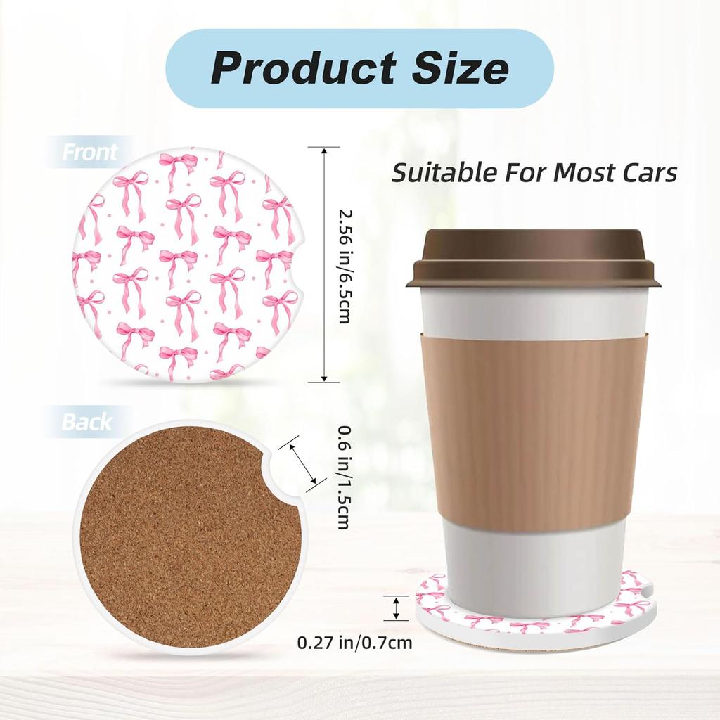 Pink Bow Car Coasters for Cup Holders,2 Pack Car Cup Holder Coasters for Car,Ceramic Absorbent Car Coaster with A Finger Notch and Cork Base,Car