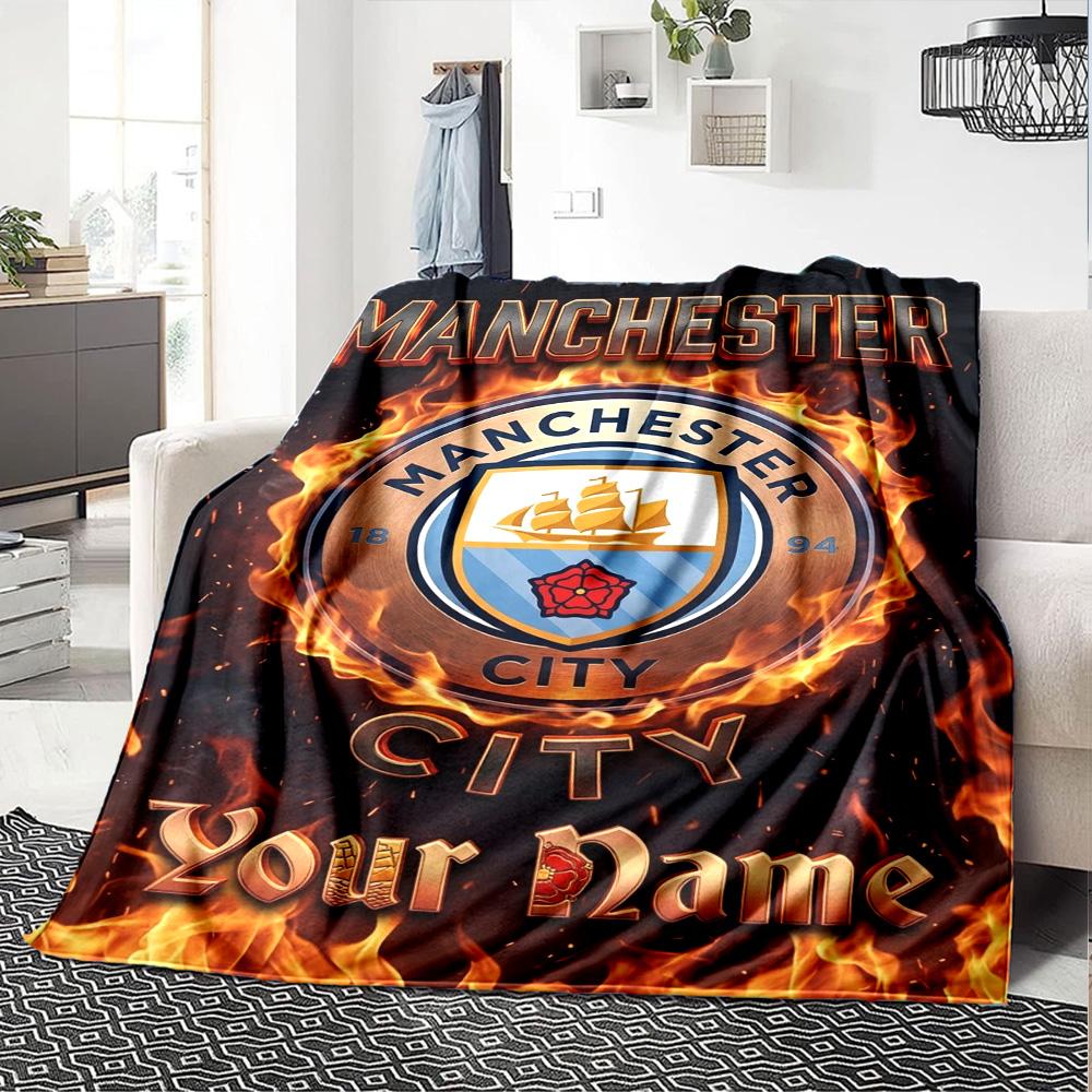 Name Custom Manchester City FC Print Flannel Blanket High Quality Warm Comfortable Cover for All Seasons Perfect for Gifts Home Decor
