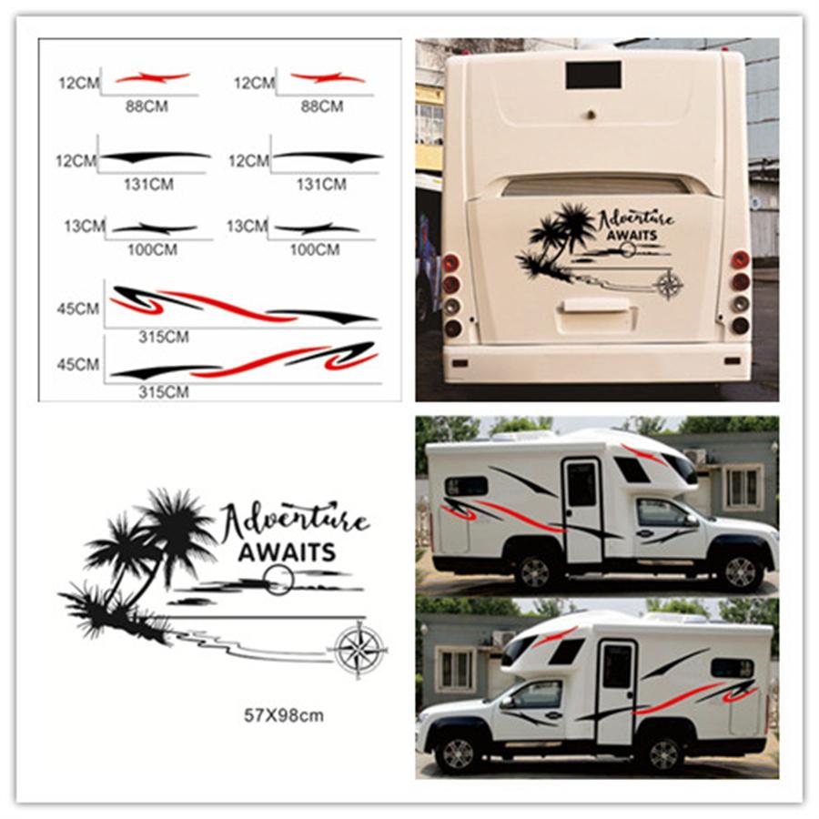 Caravan Camper Van Stripe Graphic Coconut Tree Scenery Vinyl Decal Sticker Set
