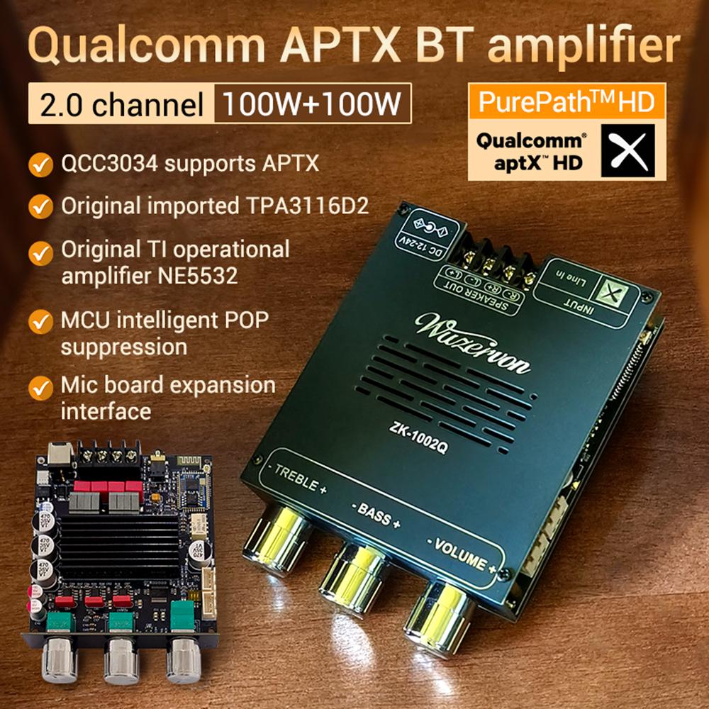 Цифровой усилитель DC 12-24V ZK-1002Q BT Плата Qualcomm QCC3034+TPA3116 2.0 Канала APTX Без потерь Мощность 100 Вт + 100 Вт