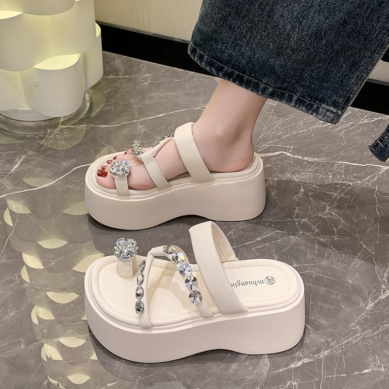 Fashion Rhinestone High-heeled Slippers for Women 2024 Summer New Outer Wear Flip Flops Thick-soled Height-increasing Platform Sandals