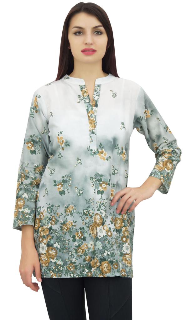 Phagun Women's White Floral Digital Printed Long Sleeve Tunic Casual Top -