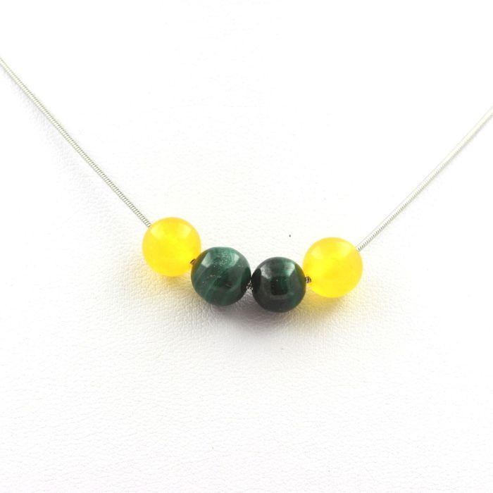Stones and Minerals. Yellow Agate + Congo Malachite 8mm Pearl Necklace Stainless Steel Chain.