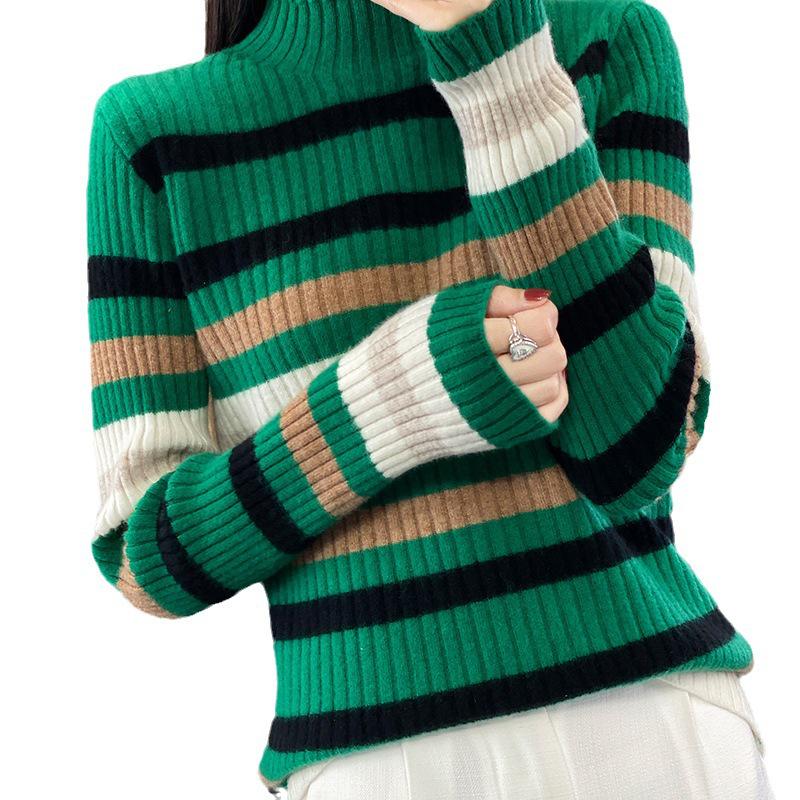 Women's Striped Cashmere Knit High Neck Sweater - Slimming, Loose Fit for Autumn & Winter