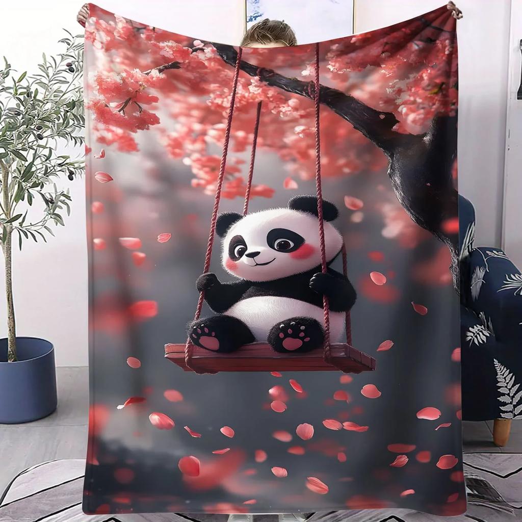 Cherry Petal Swing Panda Soft Blanket Romantic Floral Fleece Throw for Bed Sofa Home Decor Cozy Warm Gift for Adults and Kids