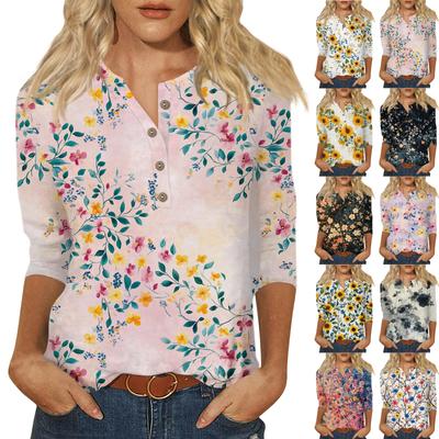 Женский свободный повседневный топ с рукавом семь четвертей и цветочным принтом с круглым вырезом на пуговицах
