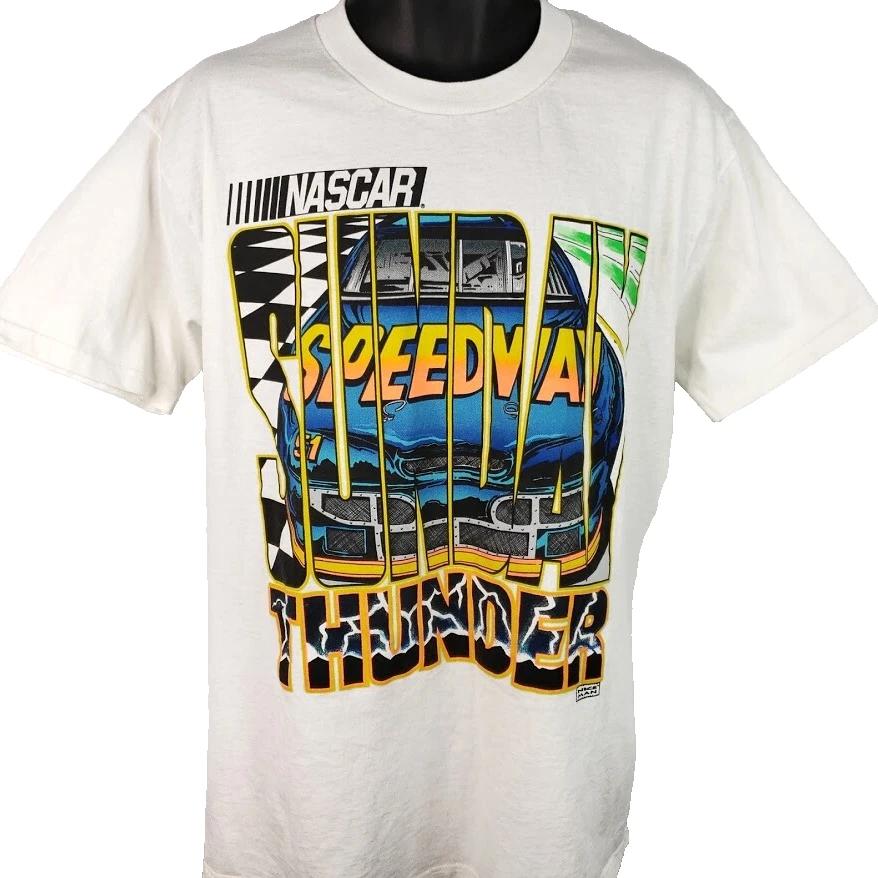 Vintage NASCAR Sunday Speedway 100% Cotton T-shirt Mens Tees Top Mens Size Large 90s Lightning Made In USA