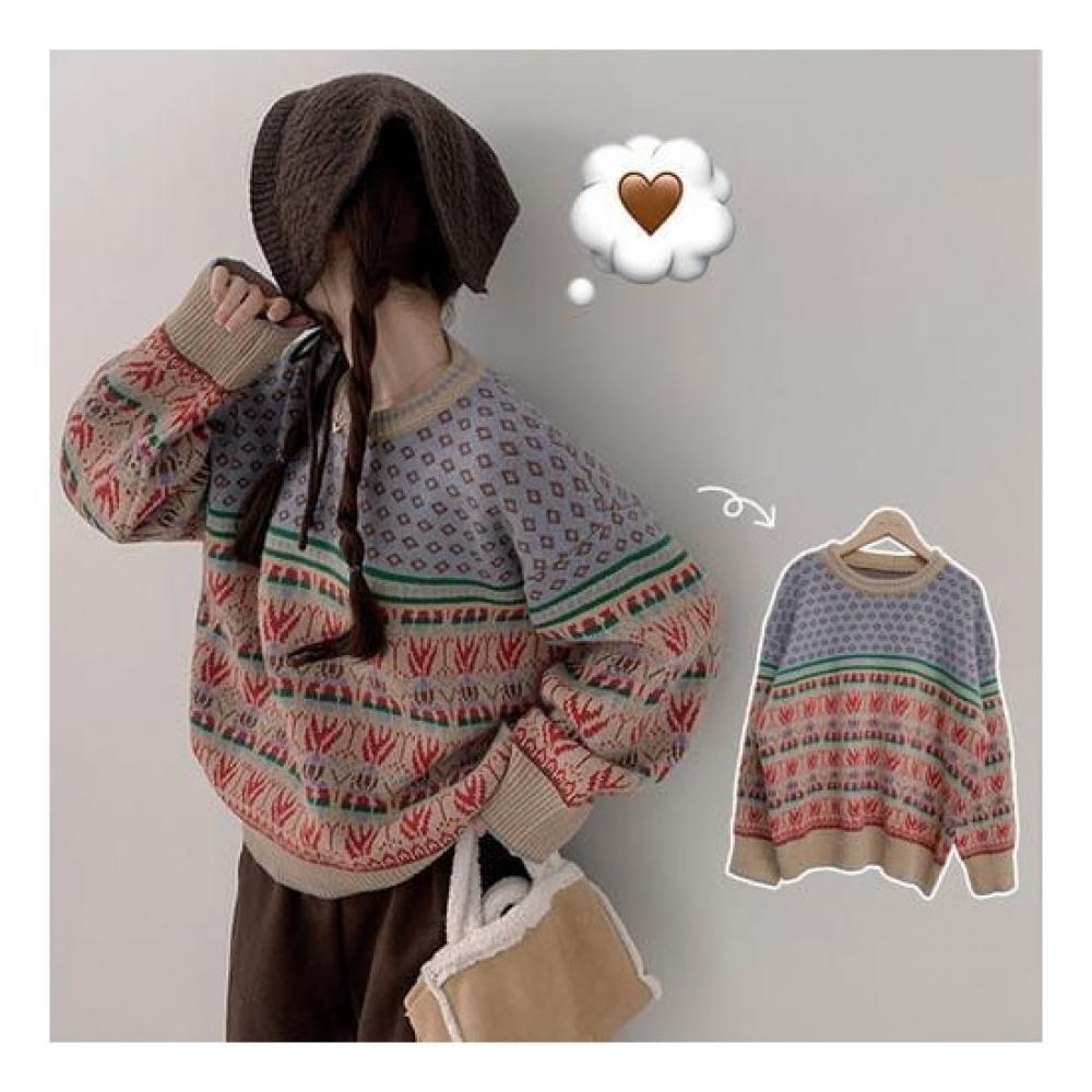 The Pink Women Loose Fit Color Block Nordic Round Knit