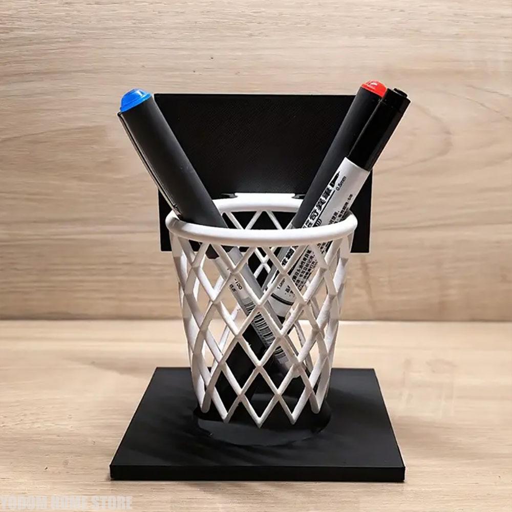 3D Printed Basketball Hoop Pen Holder, Desktop Stationery Organizer with Black Base & White Mesh, Space-Saving Office Desk Decor