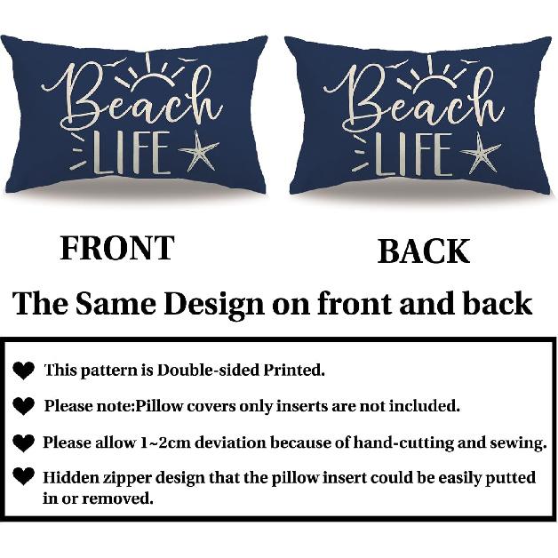 7COLORROOM 2Pack Beach Style Pillow Covers Double-Sided Printed Navy Blue Beach Life Starfish Summer Decor Rectangular/Waist Cushion Cover Ocean