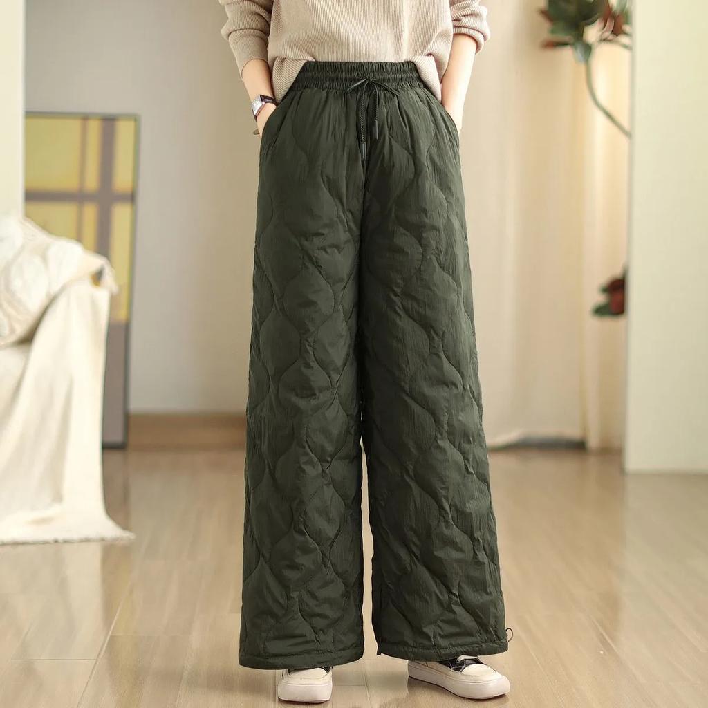 Women Winter Elastic Waist Padded Warm Trousers Solid Color Casual Wide Leg Sweatpants