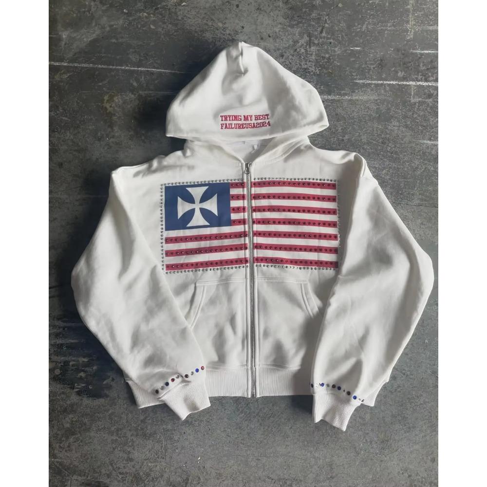 Американская мода уличная одежда готический флаг стразы вышитая молния толстовка с капюшоном Y2k сращивание большой свободный хлопковый свитшот